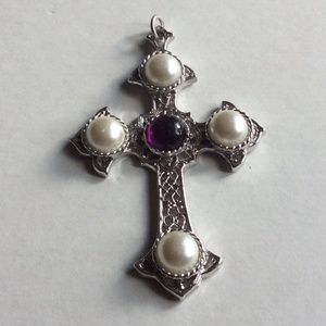 Vintage Signed Sarah Coventry Amethyst Pearl Filigree Cross Pendant Silver Tone